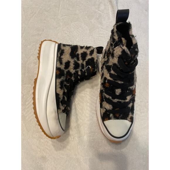 STEVE MADDEN Shaft Leopard High Sneakers 6M Platform Shearling Tan Black - Picture 2 of 8